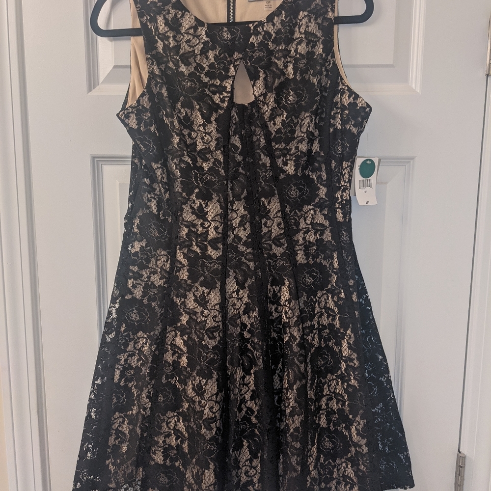 Black lace over beige dress